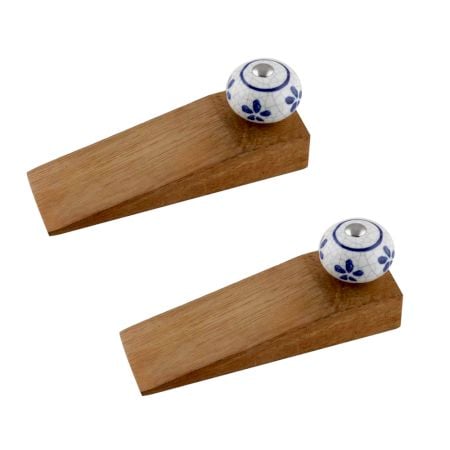 2 Pieces Blue Flower Crackle Ceramic Wooden Door Stopper